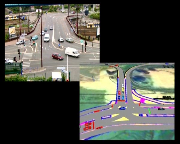 Two images that depict traffic with multiple vehicles, the first as a photo and the second as a more abstract, colorful data visualisation.