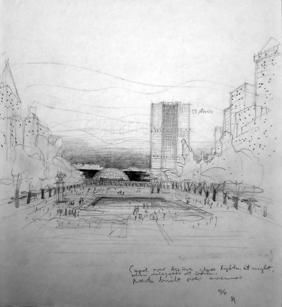 Pencil rendering of open courtyard surrounded by trees and buildings leading to a dome next to a skyscraper.