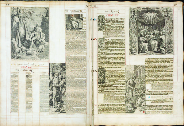 Two-page spread with columns of texts from various sources interspersed with engravings.