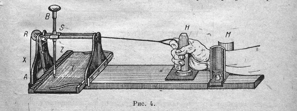 A mechanical apparatus with a hand gripping a handle attached to a base with pulleys and wires.