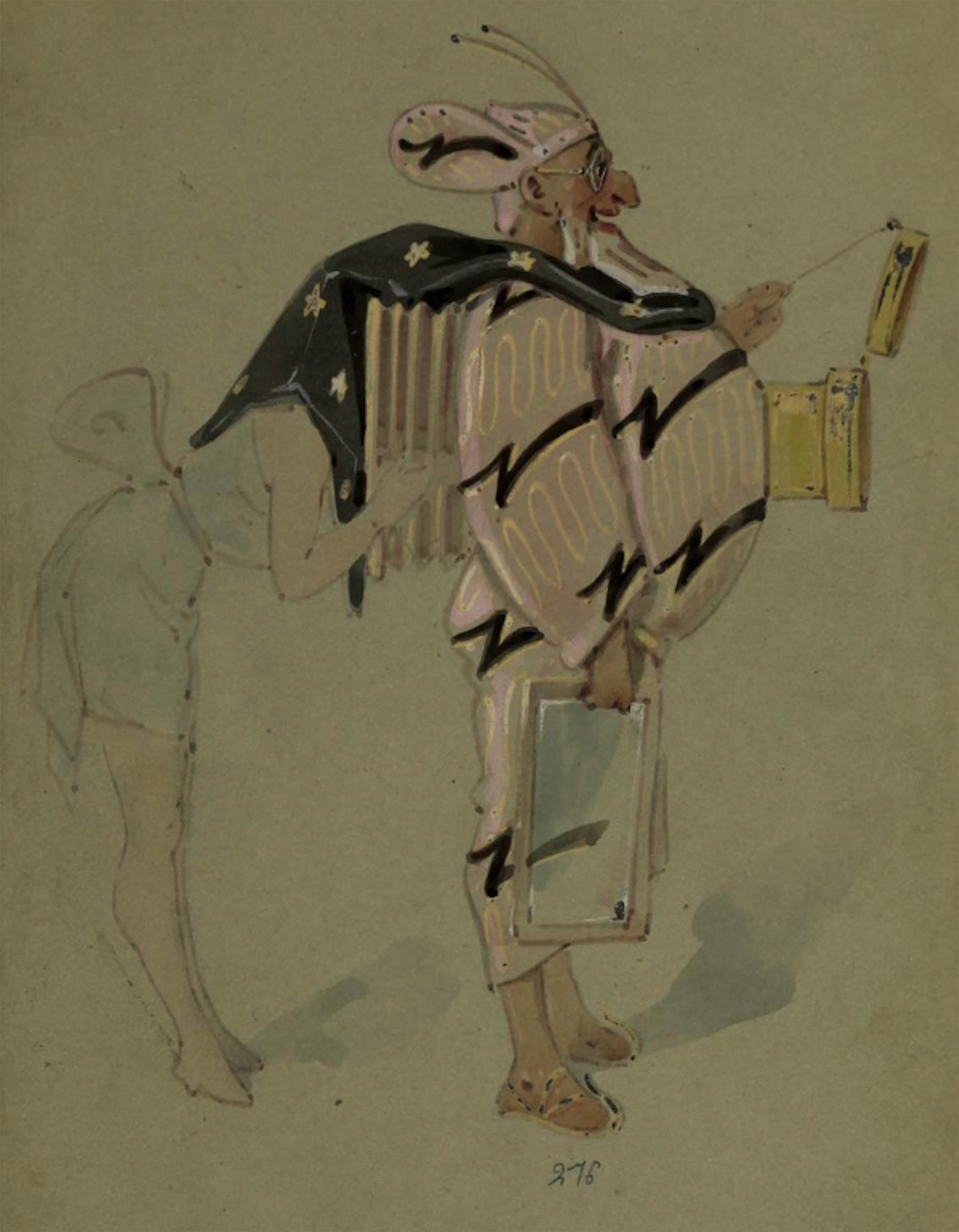 Watercolor of a male Selenite costume with a camera lens protruding from his belly and a winged female body peering into the bellows in his back.
