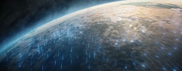 Orbital perspective of Earth, showing blue jet plumes on the surface.
