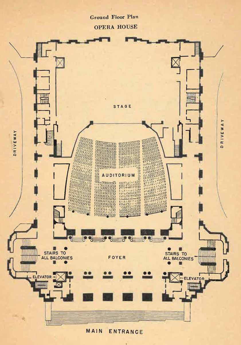 Architectural plan of the San Francisco Opera House, showing the place of the stage and the audience.