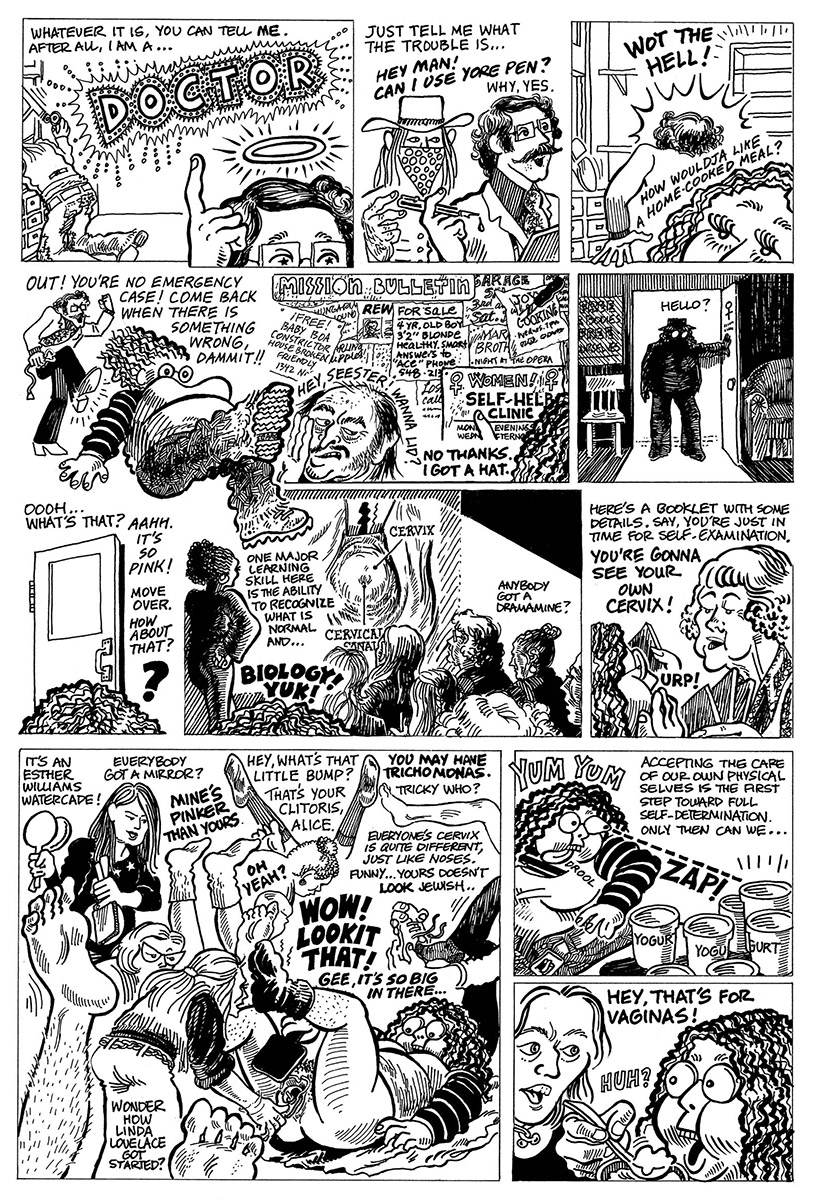 Densely illustrated eleven-panel page in which the protagonist attends a self-help clinic where women—their legs in the air—examine their cervixes.