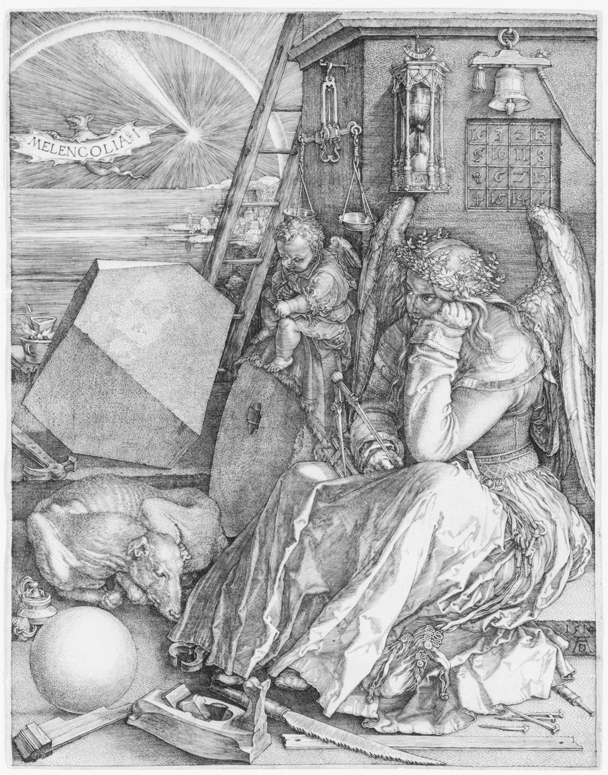 A painting of Albrecht Dürer, Melencolia 1 sitting while resting his chin on his left hand.