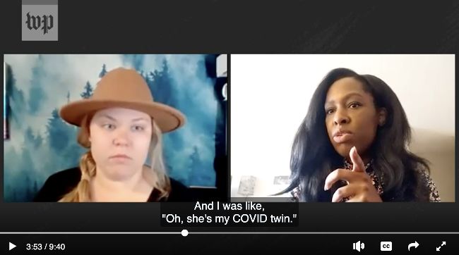 Two women—one Black and one white—in a zoom conversation discuss their similar experiences with Long Covid and different experiences of healthcare.