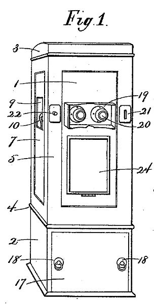 A line drawing for the Reeves model stereoviewing machine, a plain machine with eyepieces and a coin slot.
