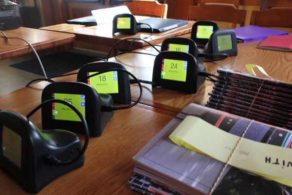 Speck particulate matter monitoring devices set up for a workshop and loaning to participants.