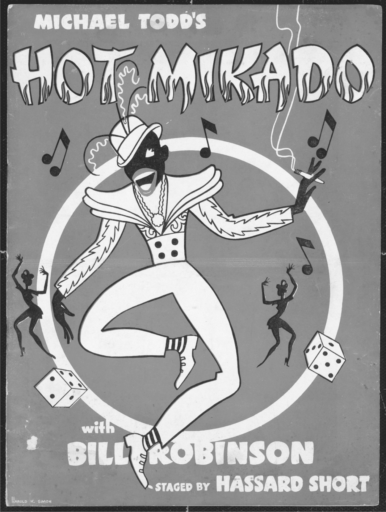 A poster of Michael Todd’s Hot Mikado program. The cover image is of a comic man dancing with a lighted cigar. Around him are small figurines of dancing women and musical notes.