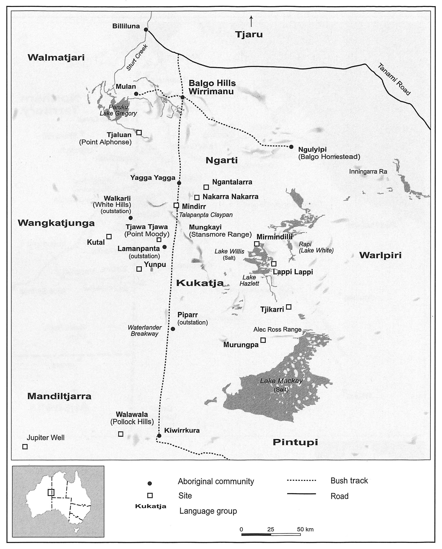 Map showing Balgo and the Tanami Road at the top, with Mark’s Country of Mangkayi in the center. Important cultural sites south of Yagga Yagga shown.