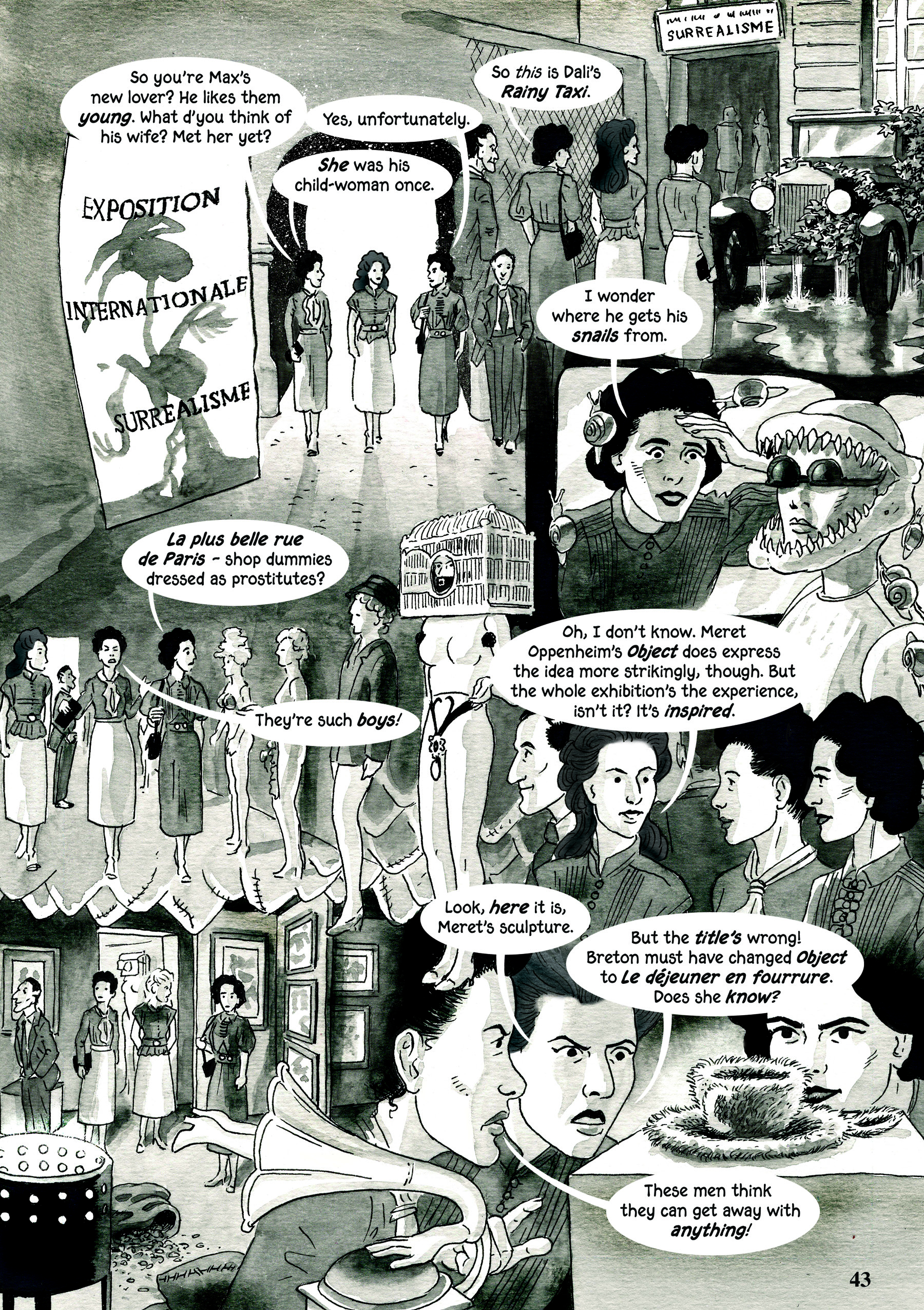 Black and white comic book-style cartoon of the 1938 Surrealist exhibition.