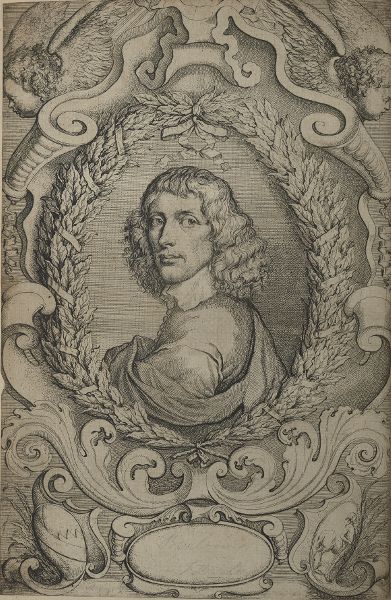 Portrait of a man with shoulder-length hair with an ornate border of wreaths and scrollwork