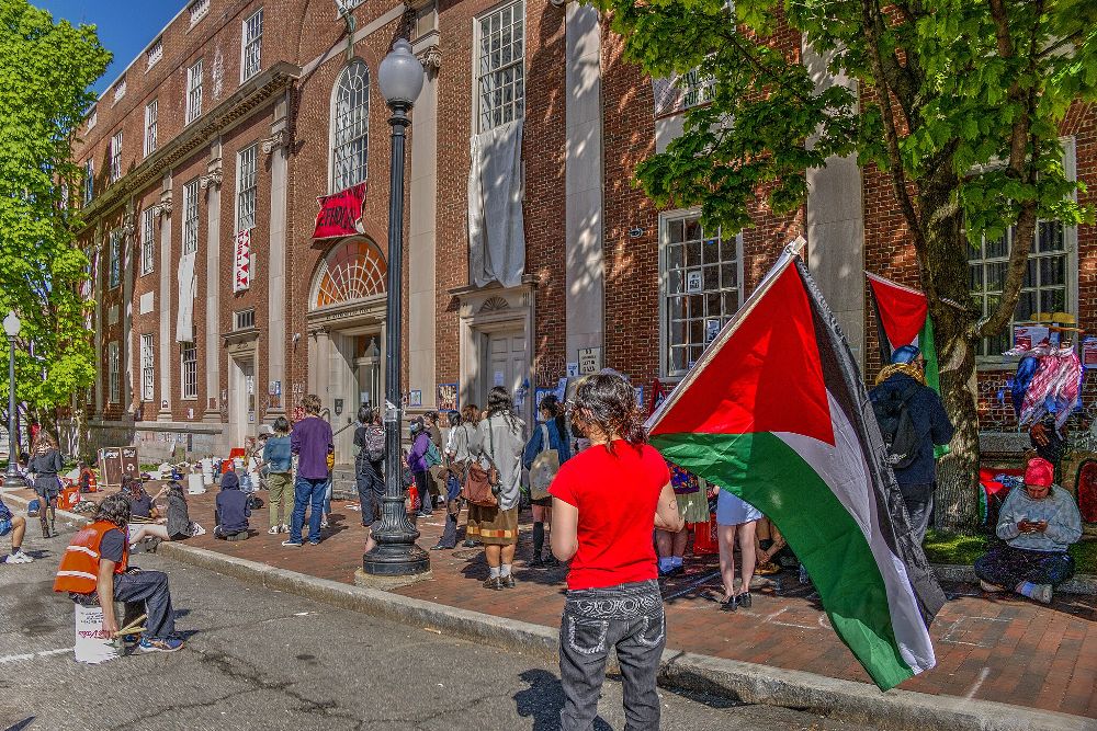 A student protestor in a red T-shirt holding a large Palestinian looks toward other protestors on the street outside one of the university buildings at the Rhode Island School of Design.