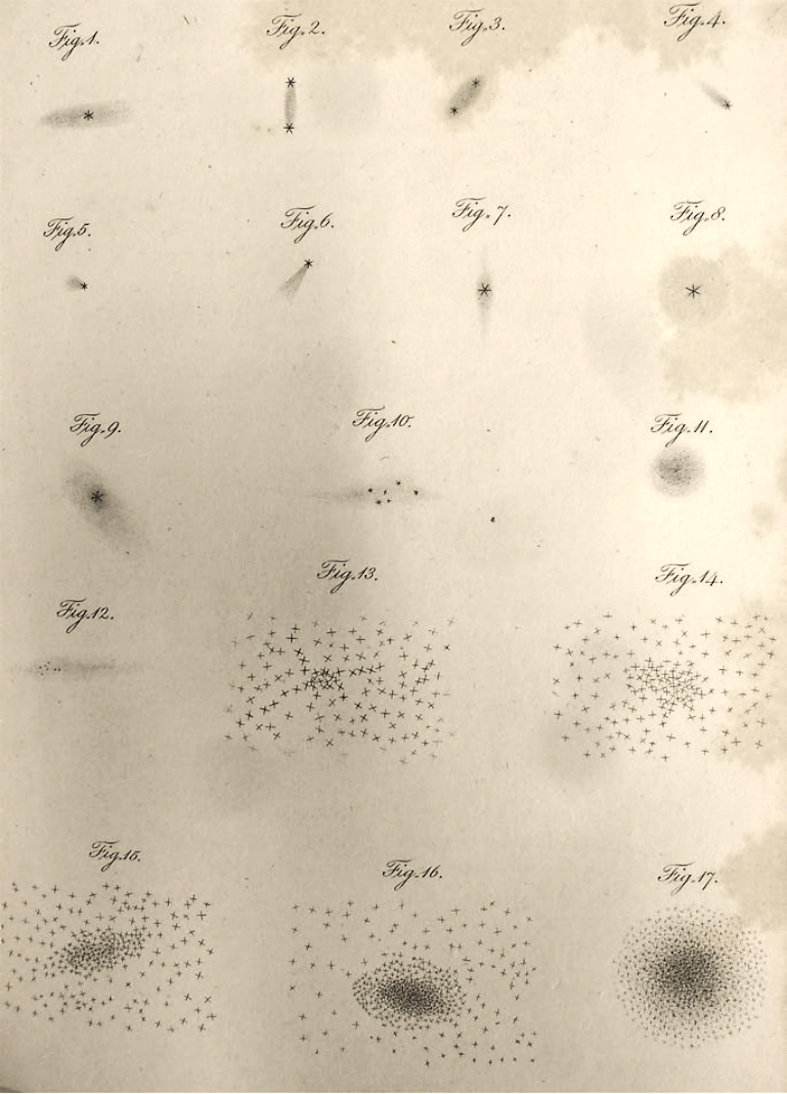 Engraving of a grid of seventeen star clusters of various shapes and sizes.
