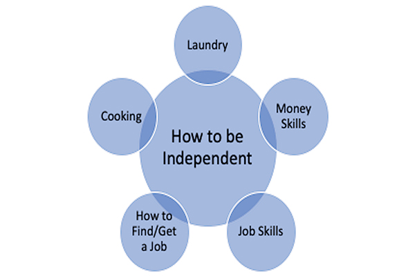 Mind map with How to be Independent in the center circle. Smaller circles say laundry, money skills, job skills, how to find/get a job, and cooking.