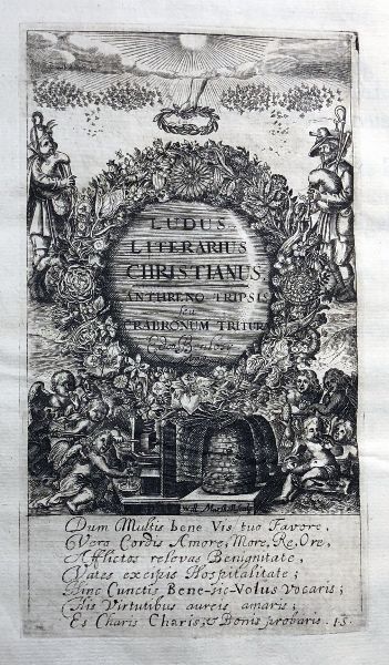 Ornate title page with the title encircled by a wreath and bordered by two men facing one another; from the sky an arm reaches down with a wreath crown.