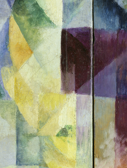 The exhibition features a detailed view of Robert Delaunay’s “Simultaneous Windows,” a composition of vibrant glass elements in shades of purple, brown, yellow, and white. The arrangement forms squares and triangles, creating a captivating interplay of colors and shapes.