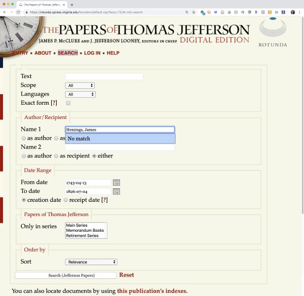Screen capture of the search page on the website for the Papers of Thomas Jefferson Digital Edition