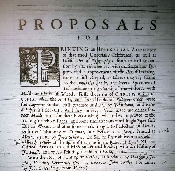 Printed page with the title “Proposals”; the first paragraph begins with a letterform of a P in front of a figure seated at a desk.