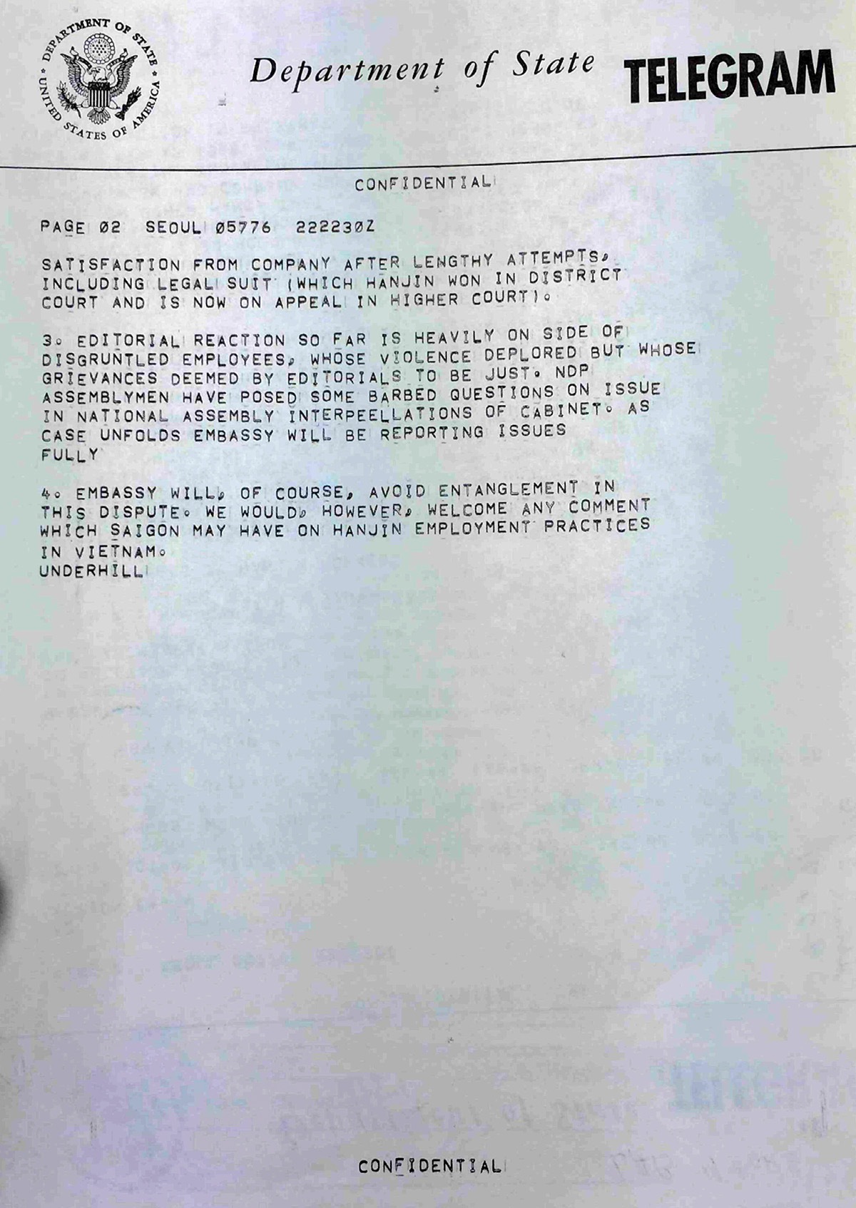 A page labeled “Confidential” with the US Department of State seal and name in the header above a typed message in all caps.
