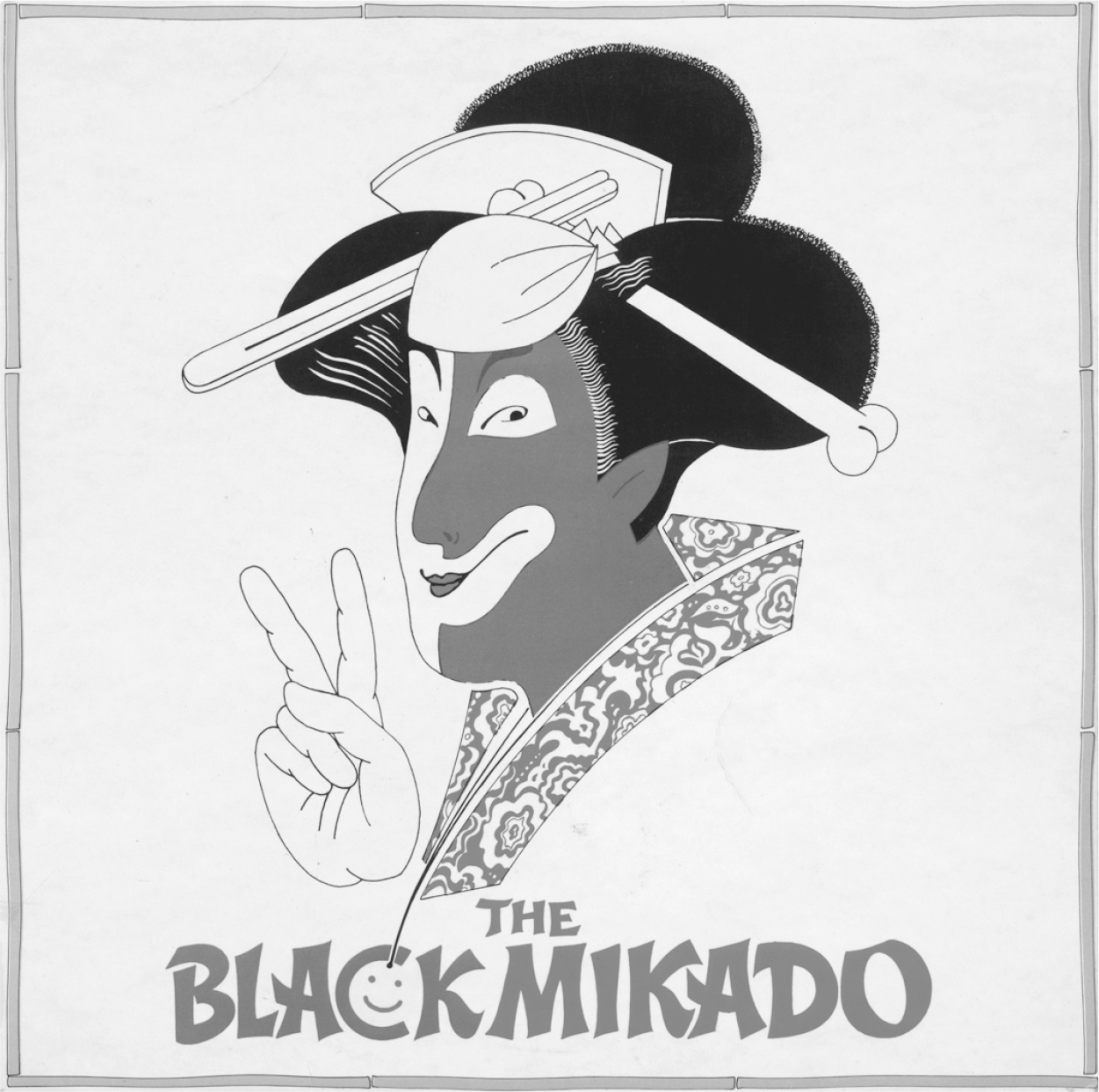 A cover photo of The Black Mikado album. It has an abstract smiling face of a person with face partially painted. The collars of a traditional outfit is drawn and holds up 2 fingers.