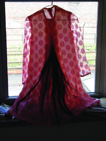 A dress hanging in a window with hair flowing down within the center of the garment.