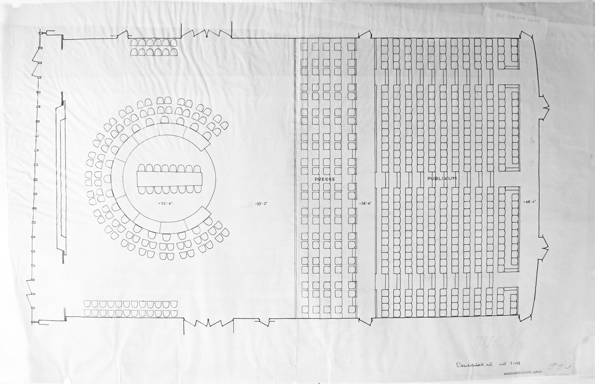 Architectural plan showing the Security Council Chamber with a circular table open toward a seating area for press and public.
