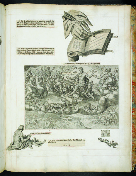 A page with scraps of texts and drawings pasted to it.