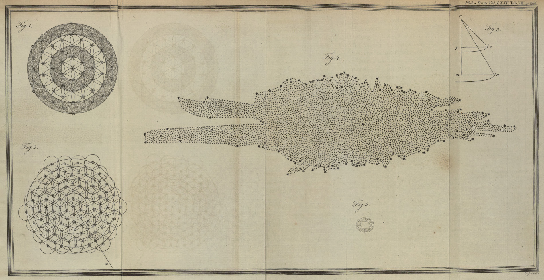 Engraving of a transection of the Milky Way showing hundreds of stars in jagged elliptical pattern, with four other drawings of star cluster patterns.