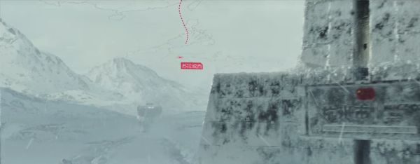 Vehicle driving in snow with a map path superimposed over its path.