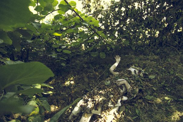 Actor in full-body white makeup laying under a bed of leaves under a canopy of shrubs.