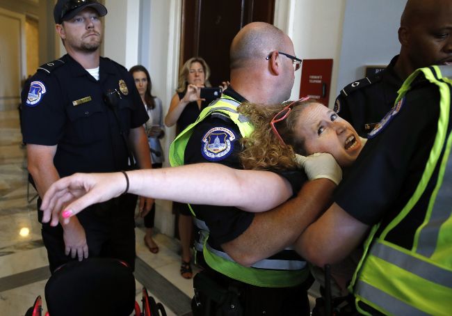 Disabled activist Stephanie Woodward is carried by police during her arrest at a protest at the U.S. Capitol in 2017.