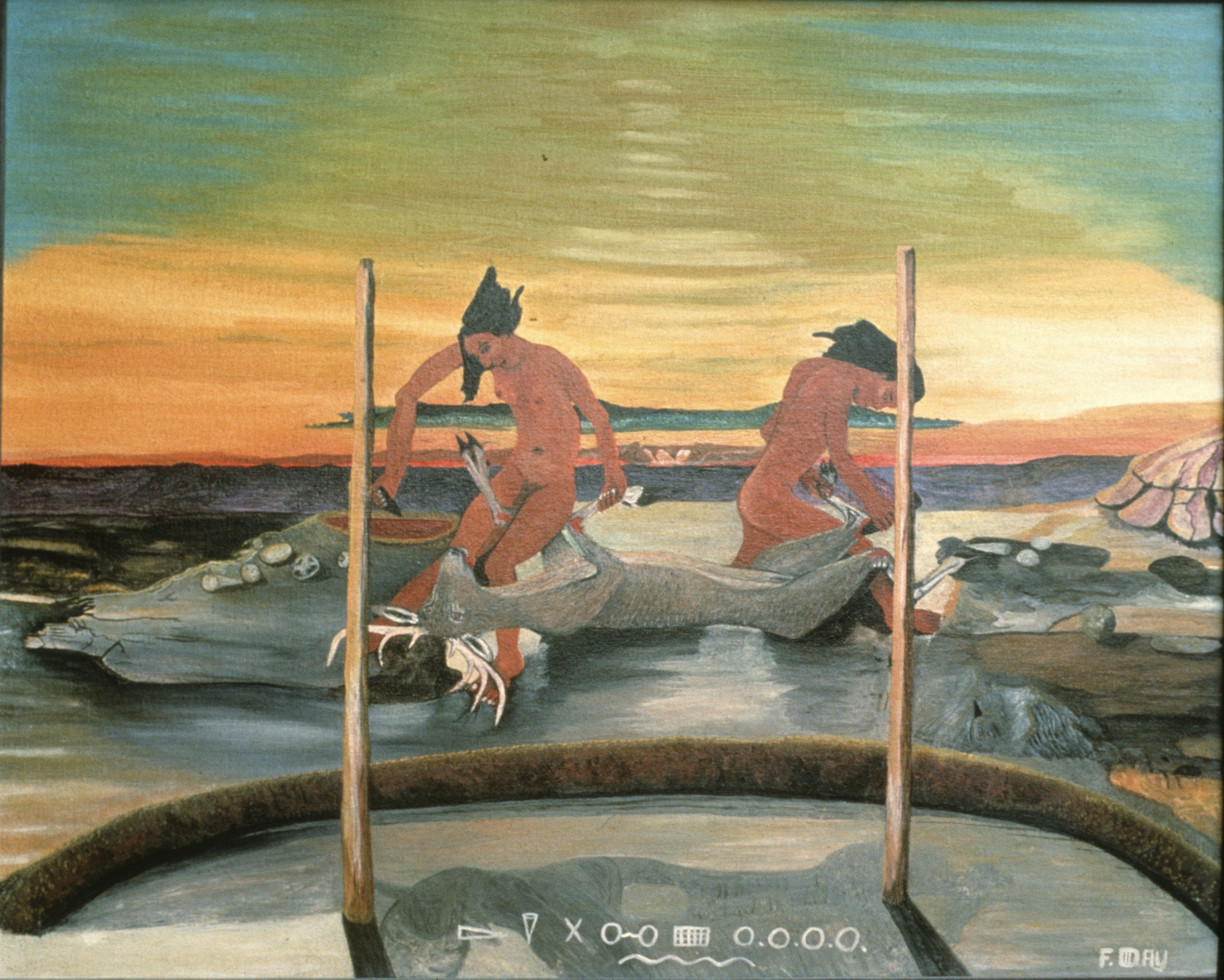 Vibrant painting of two Native American women skinning a deer.