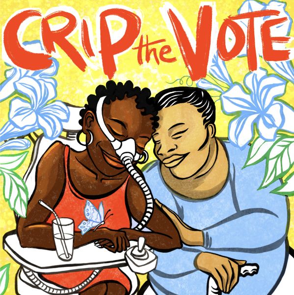 Colorful graphic artwork by Micah Bazant of two disabled people of color enjoying each other’s company.
