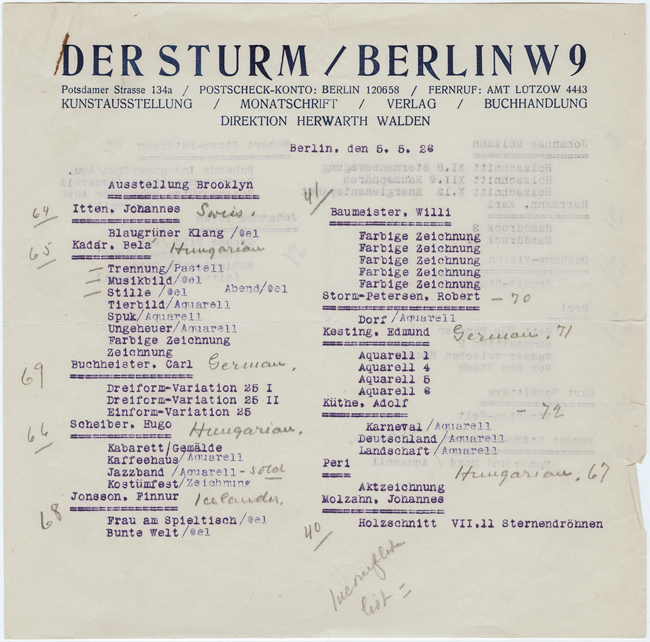 The exhibit features a checklist of artworks loaned from Der Sturm to the Société Anonyme for the 1926 International Exhibition of Modern Art at the Brooklyn Museum, listing various artists and their works.