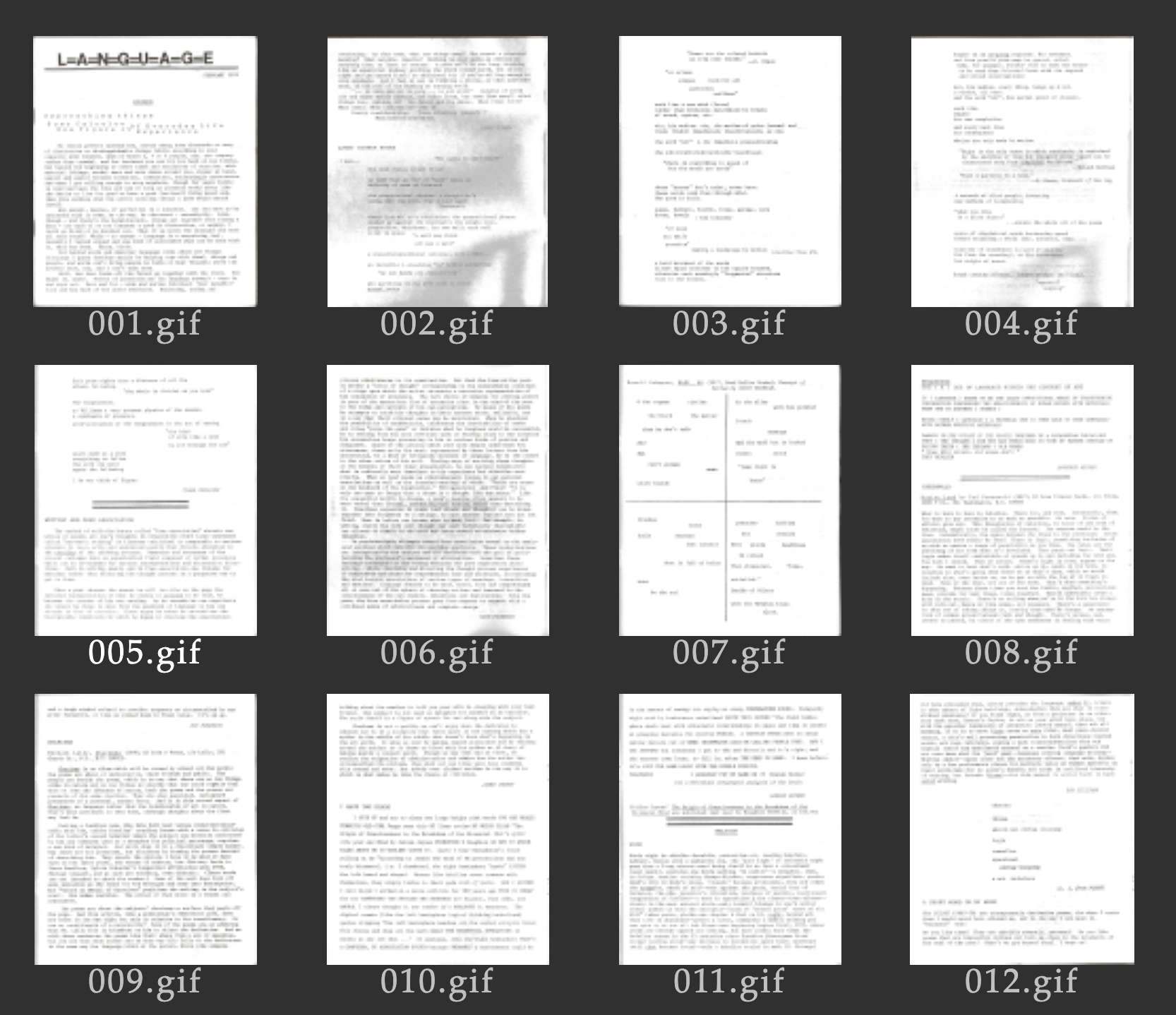 Thumbnail images of twelve scanned pages from L=A=N=G=U=A=G=E magazine on Eclipse, each labeled with a filename (001.gif to 012.gif).