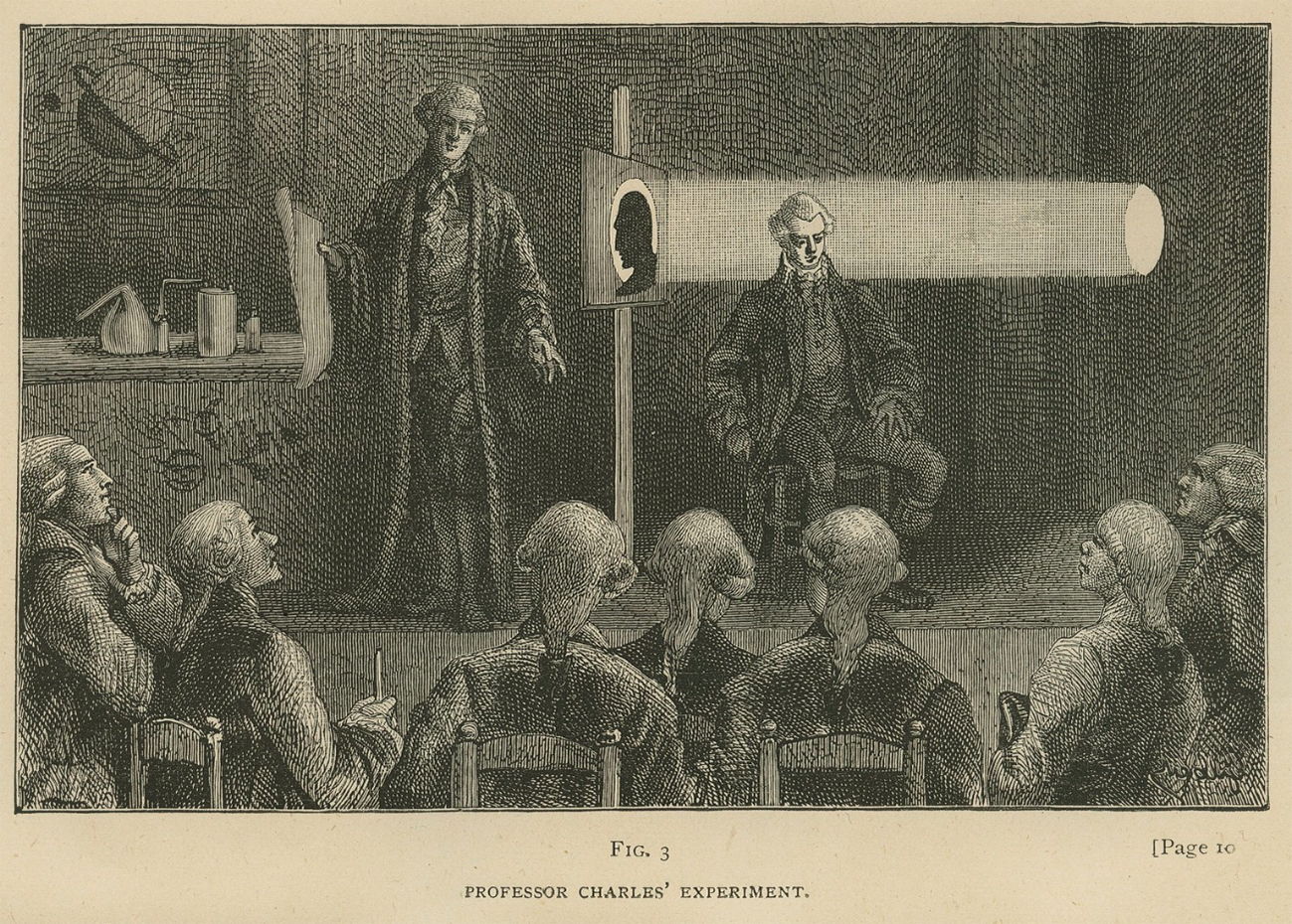 Engraving of a seated man whose profile is projected on a screen covered with silver nitrate in front of an audience of men.