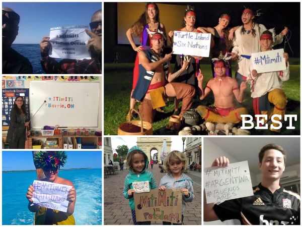 Six snapshots of people holding handwritten #mitimiti signs. One of seven dancers in headbands with #Turtle Island #Six Nations sign is marked best.