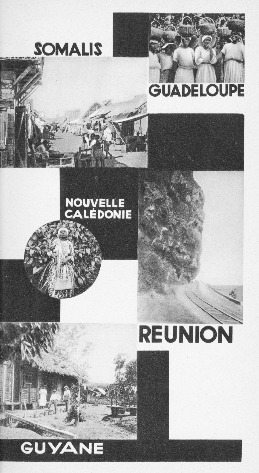 Title pages of Somalis, Guadeloupe, New Caledonia, Réunion, and Guyana in a single frame.