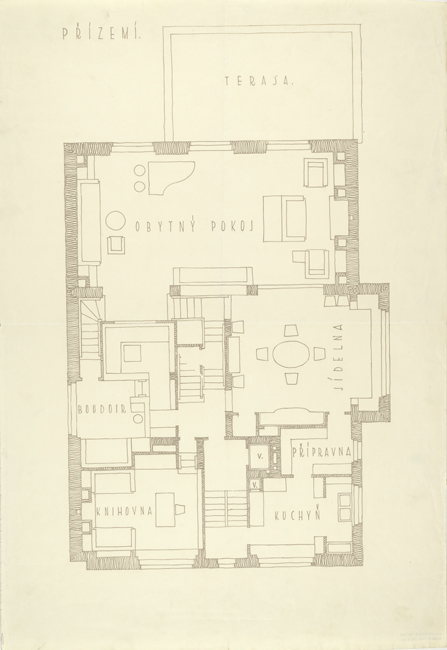 The exhibit features the floorplan of Adolf Loos’s Villa Müller in Prague, highlighting the specific layout of the main floor.