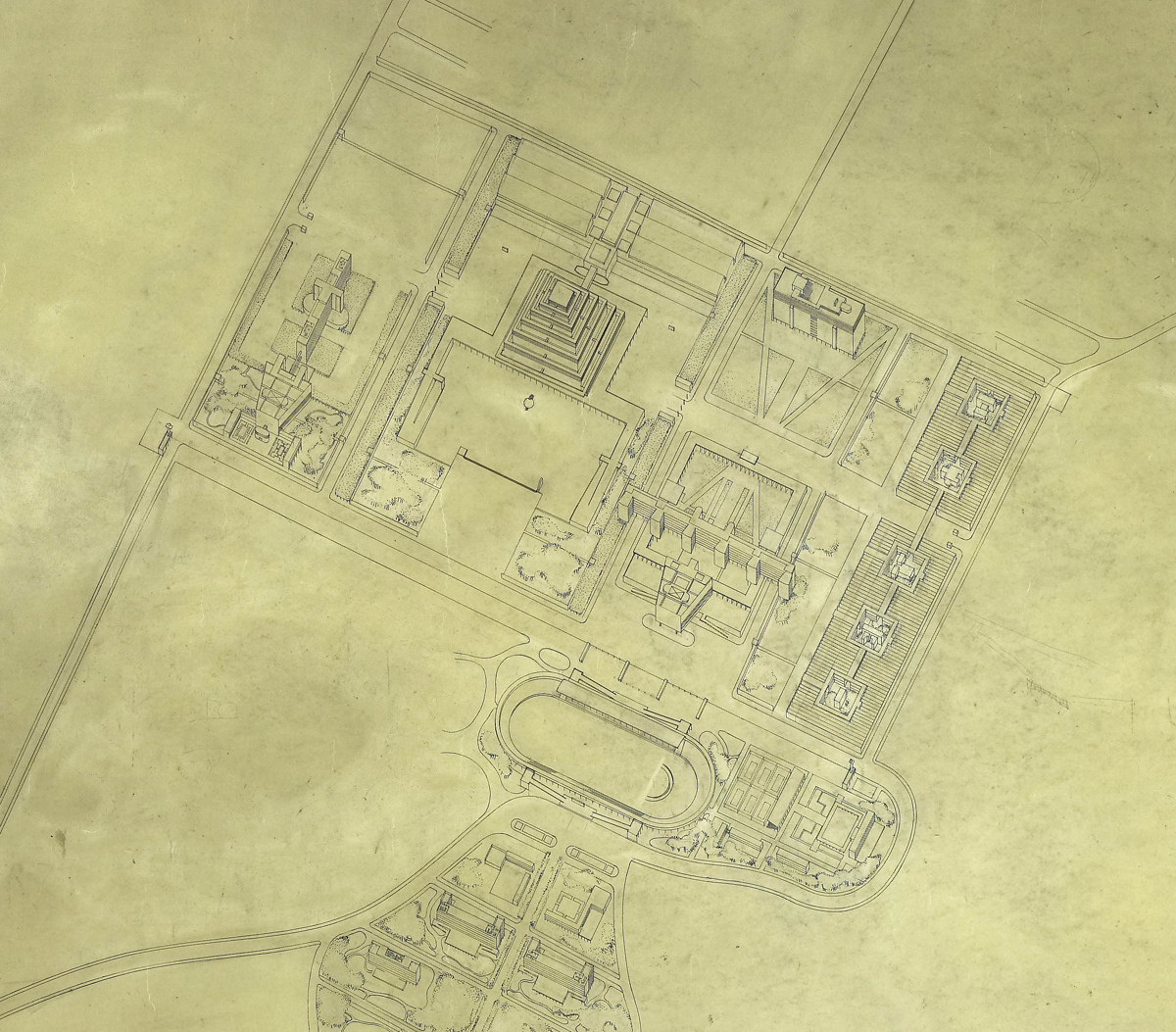 Axonometric aerial plan of a complex of buildings surrounded by open space. A ziggurat-like form is prominent in the upper part of the page.
