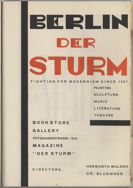 The exhibit features an advertisement for “Der Sturm,” highlighting its role in championing modernism across various artistic domains since 1907.