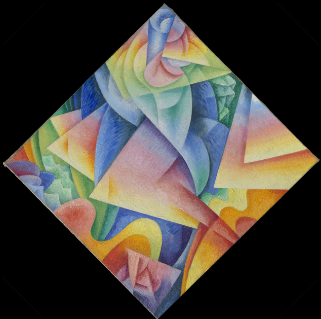 The exhibit displays Gino Severini’s abstract artwork titled “Dancer = Propeller = Sea” from 1915. The square canvas is tilted at an angle, showcasing dynamic and abstract elements.