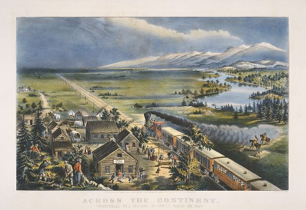 A train cuts diagonally through the landscape, separating a village in the foreground from a lake and woods.
