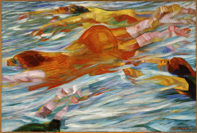 The exhibit features Carlo Carrà’s “The Swimmers,” depicting three women engaged in various swimming poses, the artwork showcases Carrà’s dynamic brushstrokes and vibrant colors, including blues, greens, and yellows.