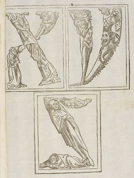Page with letter forms for X, V, and Z, shaped from the drawing of human figures.