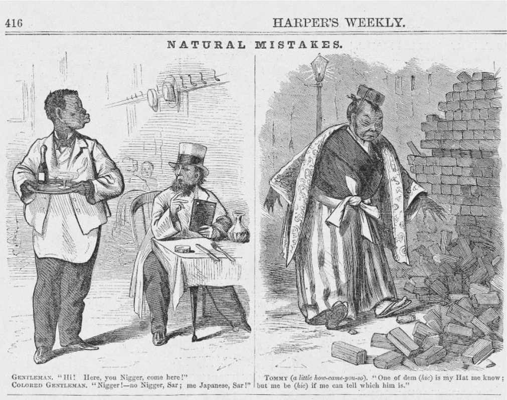 A comic diagram of the natural mistakes. To the left is a man seated on a chair holding a menu card on his hand. Beside him, a waiter is walking with a plate. The caption reads: “Gentleman: ‘Hi! Here, you Nigger, come here!’ Colored Gentleman: ‘Nigger!—no Nigger, Sar; me Japanese, Sar!’”. To the right is a person with a block tied atop their head walking beside a broken wall looking at the broken bricks on the ground. The caption reads “Tommy (a little how-came-you-so). ‘One of dem (hic) is my Hat me know; but me be (hic) if me can tell which him is.’”