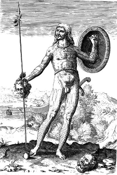 A naked male warrior with shield, sword, and spear, holding a decapitated head with another lying on the ground.