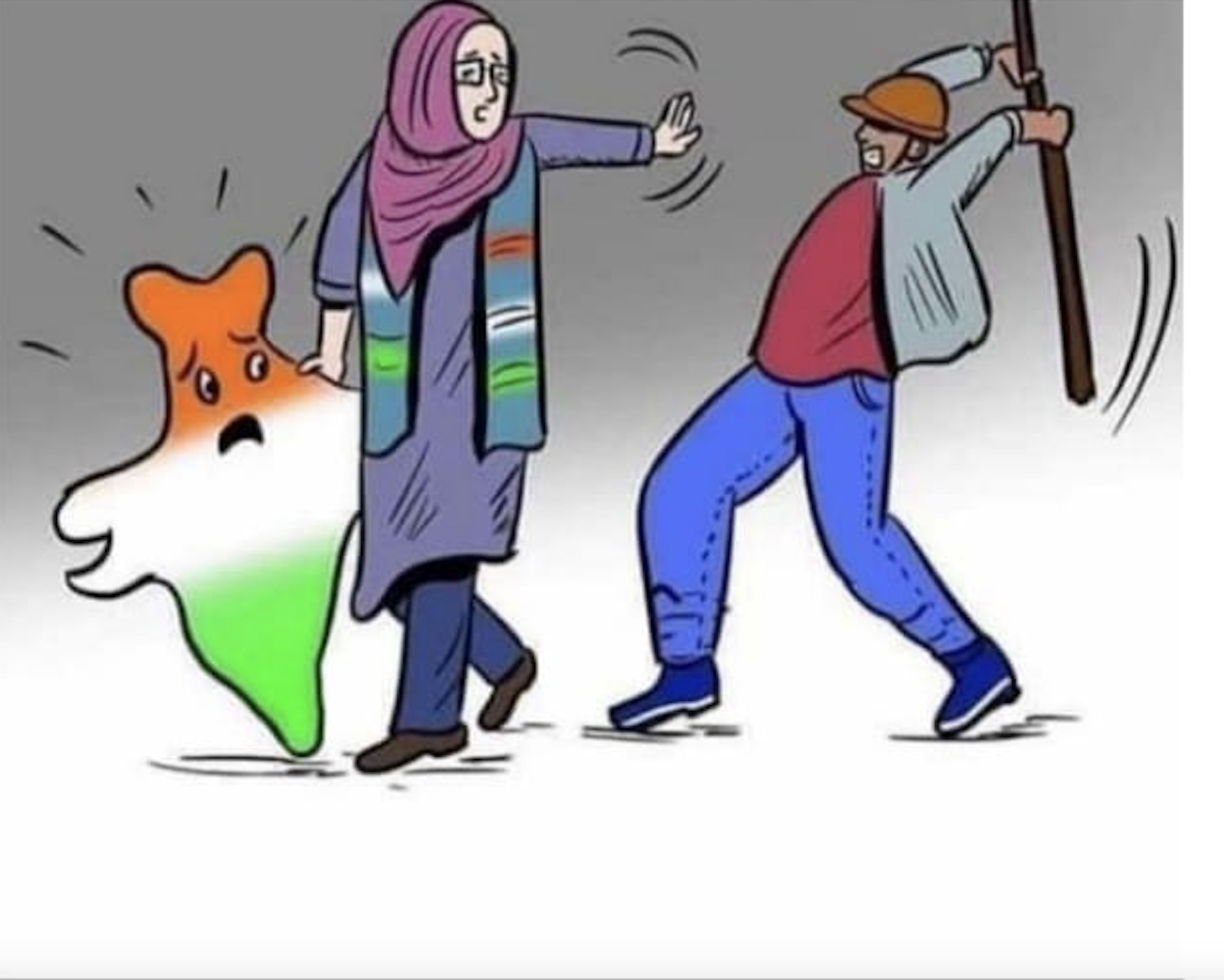 A woman in hijab protects an anthropomorphized cartoon outline of India from an officer who is swinging a long stick toward them.