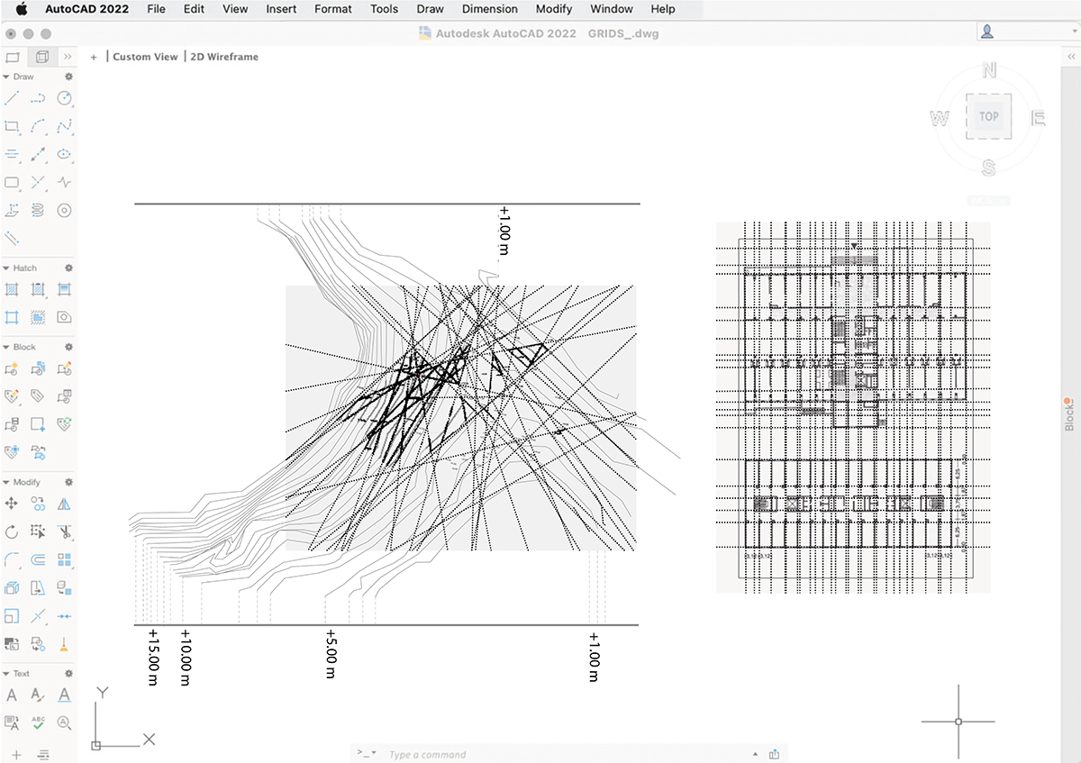 A desktop view of Autodesk software interface. The center features grids, the left software toolbars.